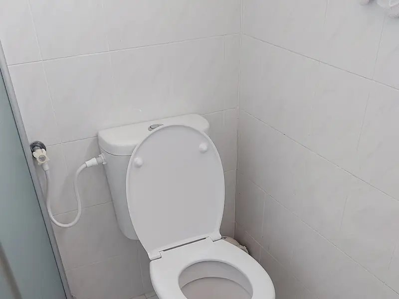 אסלה לבנה בחדר רחצה מרוצף לבן, ליד מקלחון